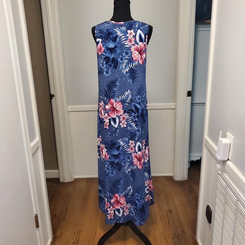 sjs Hibiscus Floral Woman's Sleeveless Dress Sz MED Tropical Maxi Tank Blue/Pink - Picture 3 of 10
